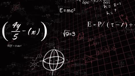 Animation-Mathematischer-Gleichungen-Und-Formeln,-Die-Vor-Schwarzem-Hintergrund-über-Einem-Gitternetz-Schweben