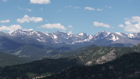 aerial view of snow capped rocky mountains peaks and green landscape on sunny summer day, drone shot