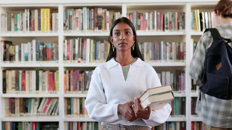 Mujer,-Libros-Y-Estudiante-En-La-Biblioteca