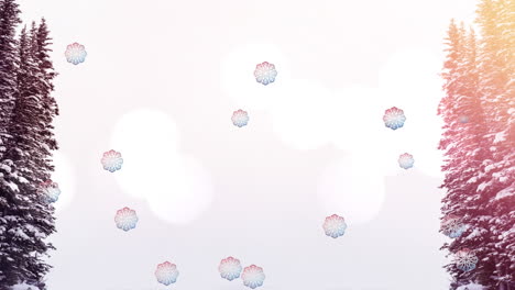 animación de nieve cayendo y puntos de luz sobre árboles de abeto sobre fondo blanco en navidad