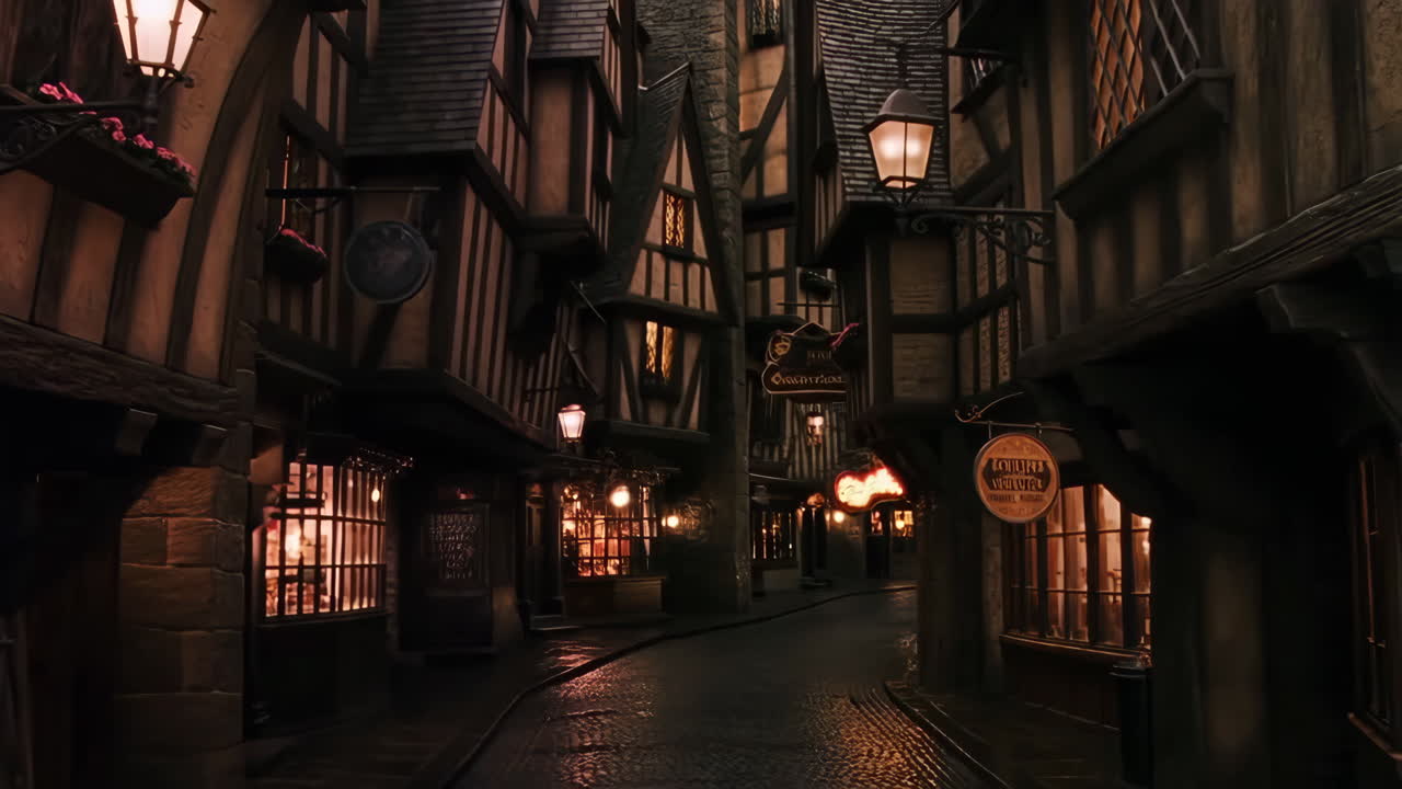 Diagon Alley at Night with Illuminated Shops