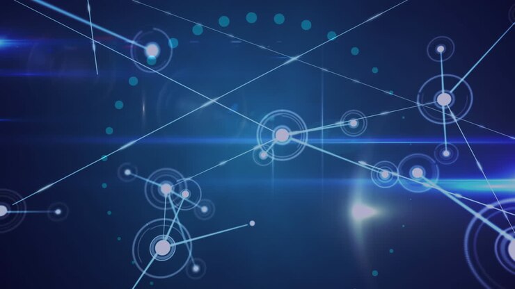 Animation of glowing network of connections moving over dark blue with lights