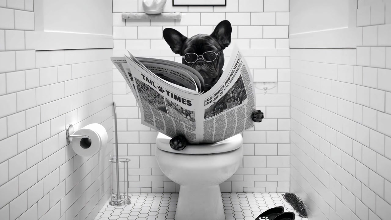 French Bulldog Wearing Glasses Reading Newspaper on Toilet