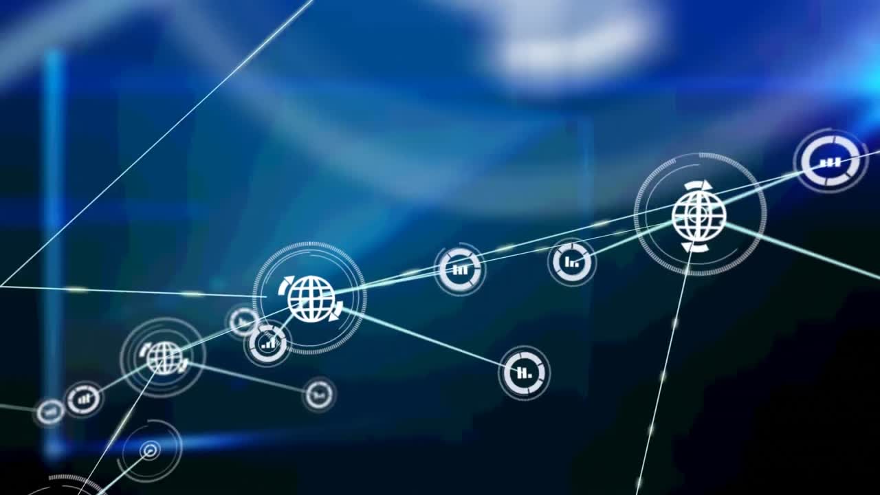 animación de redes de conexiones con iconos sobre formas azules sobre fondo negro
