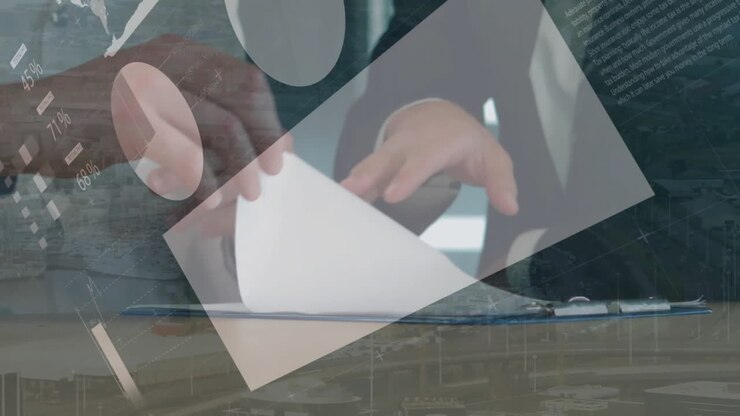 Animation of financial data processing over diverse businesspeople in office
