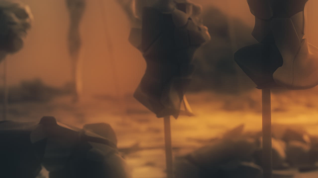 Destroyed andorids on a junkyard in yellow light