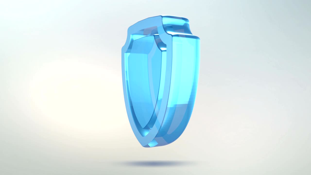 el icono de protección está hecho de vidrio. icono de seguridad giratorio translúcido con canal alfa de color azul verde