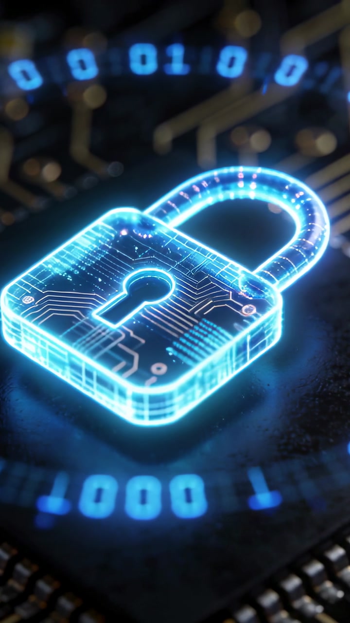 Vertical video: Frame1 starting holo lock pulsing binary ring turning and PCB glowing securing tech