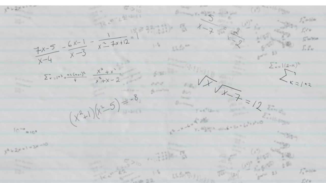 Animazione di macchie blu e rosa su sfondo bianco con formule matematiche