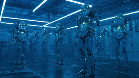a stunning futuristic assembly of high-tech robots in a dimly lit industrial environment, showcasing advanced robotics and blue neon lighting effects