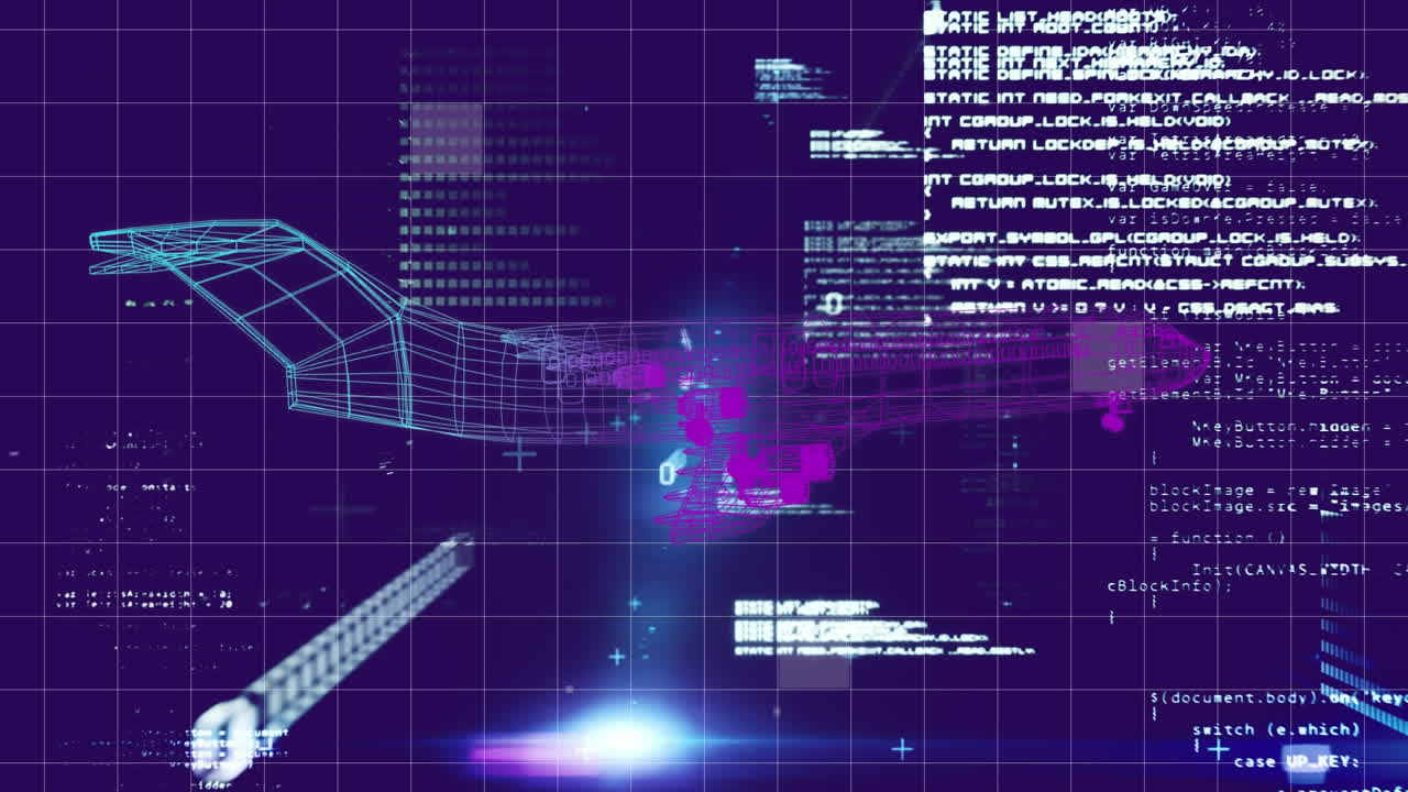 그리드 위에 떠다니는 데이터와 정보와 함께 회전하는 3d 비행기 모델의 애니메이션