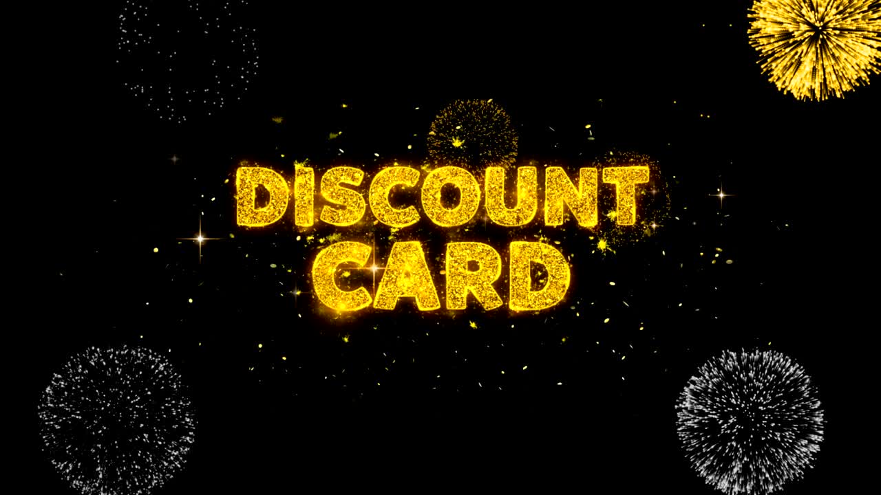 할인 카드 텍스트는 반이는 황금 입자 불꽃놀이에 나타납니다.