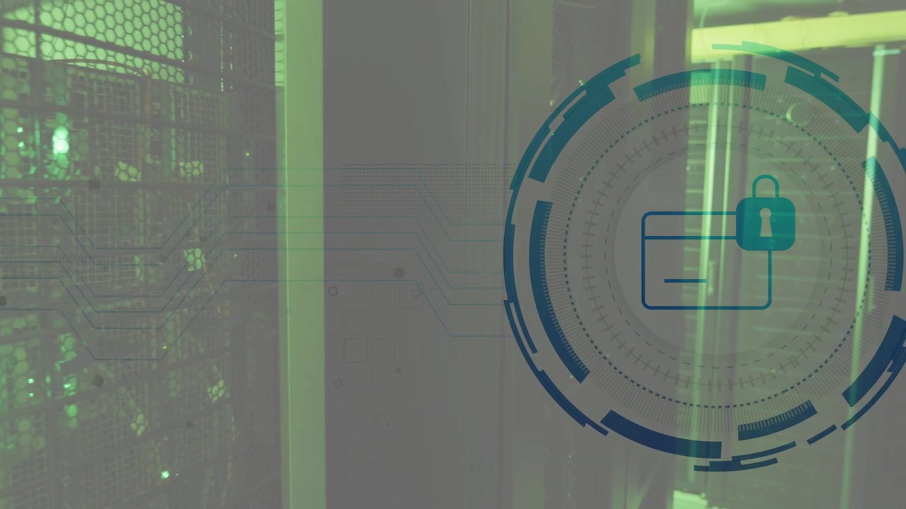 Security HUD appearing after card auth request, linking data center rack with pulsing padlock