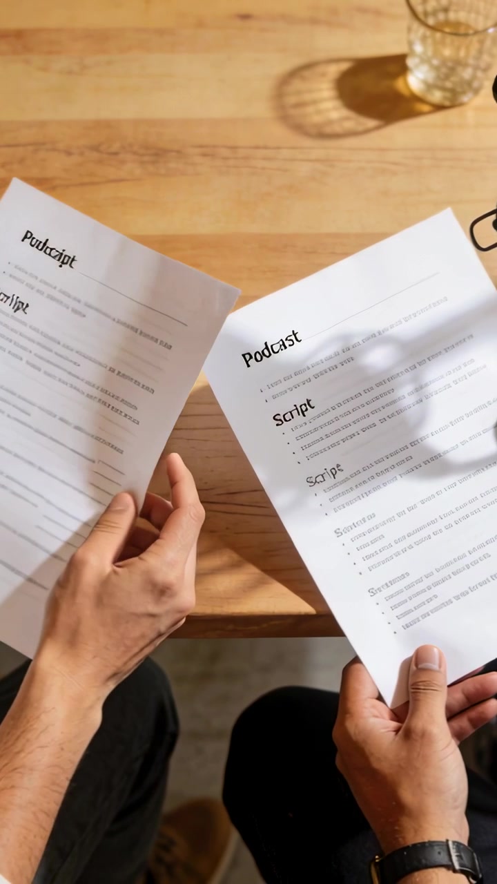 Due conduttori che spostano i copioni del podcast, ombra del microfono sulle pagine, il conduttore di sinistra che allinea mentre si prepara