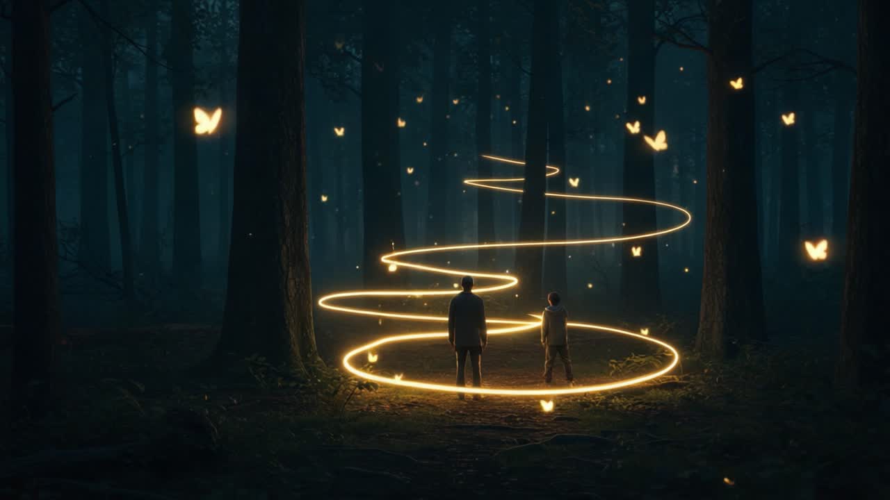 A Mysterious Journey Through a Enchanted Forest Where Two Figures Stand Amidst Glowing Butterflies and a Magical Trail of Light in a Dreamlike Setting