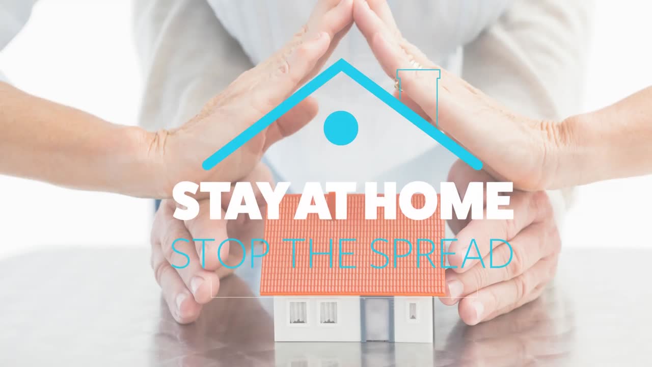 작은 집을 보호하는 두 사람 위의 파란 지붕 아래에서 사회적 거리를 두는 메시지의 애니메이션