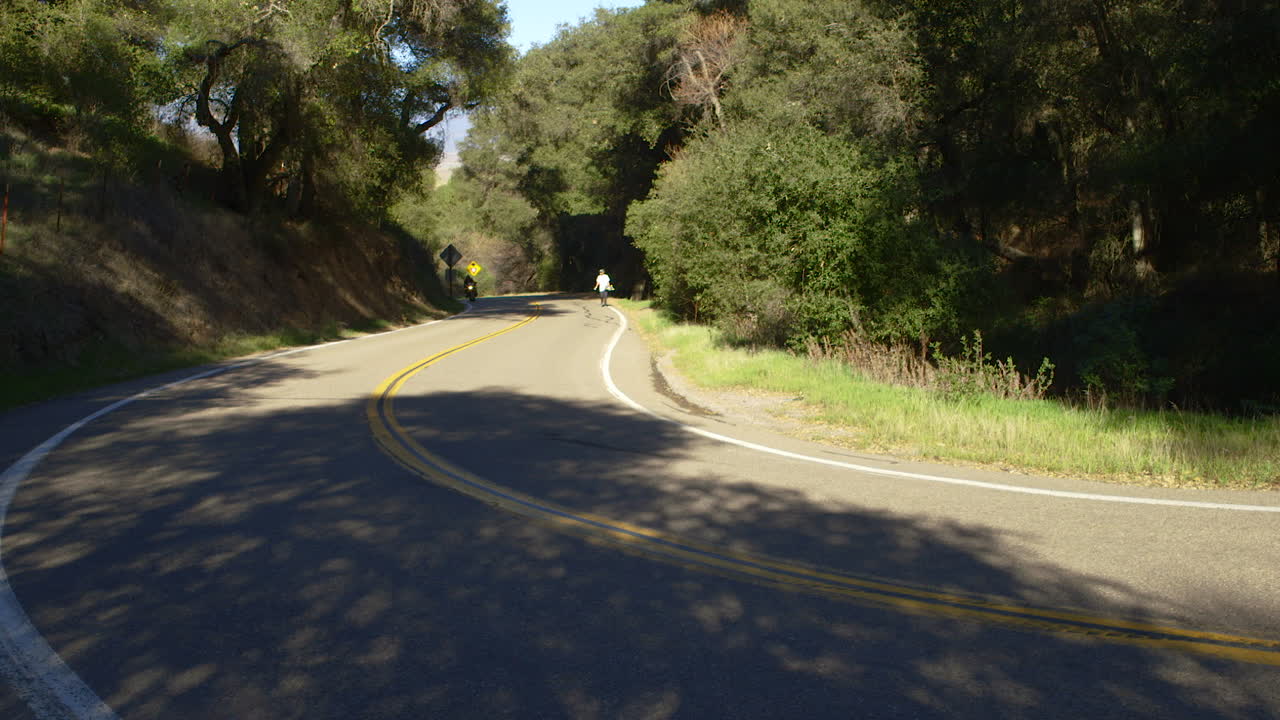 Due motociclette percorrono una strada tortuosa tra alberi verdi in California mentre un uomo cammina da solo sullo sfondo
