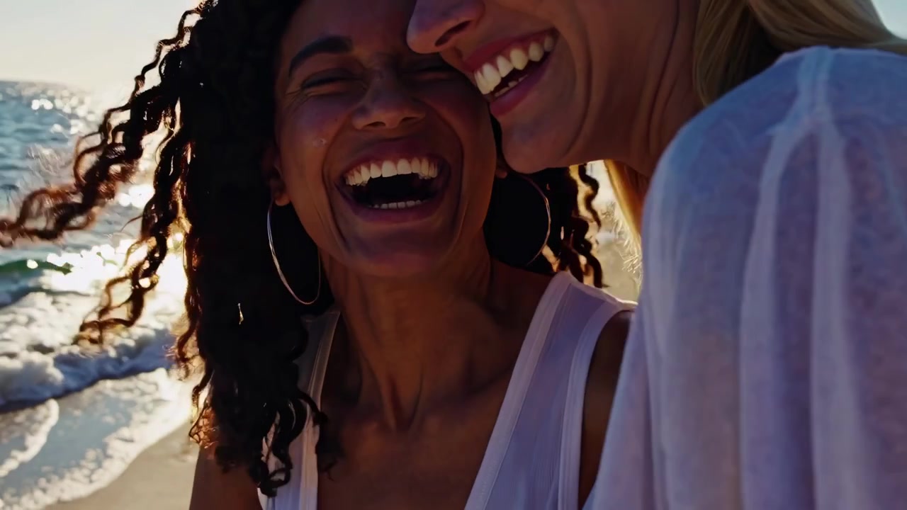 Femme heureuse aux cheveux bouclés riant sur la plage