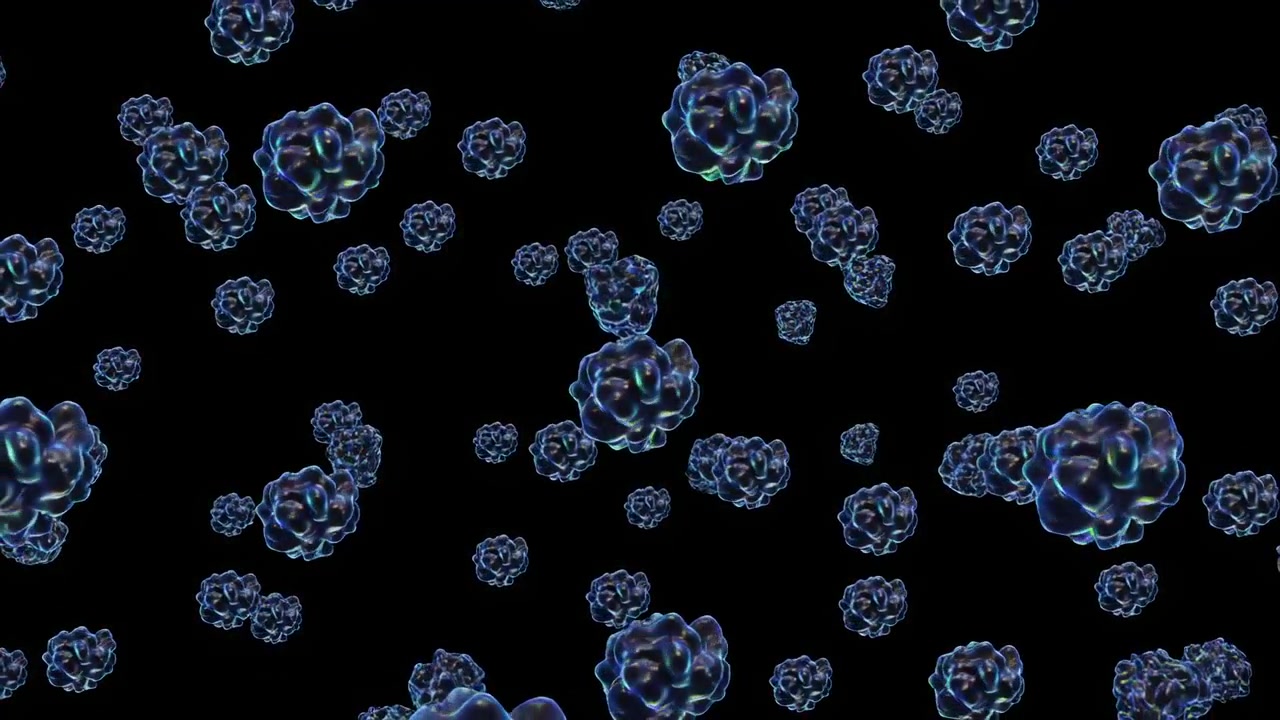 Grappoli blu traslucidi si muovono delicatamente attraverso uno spazio nero, cambiando posizione e densità mentre creano una texture astratta fluttuante con bordi luminosi, contrasto morbido e una disposizione dinamica e sparsa.