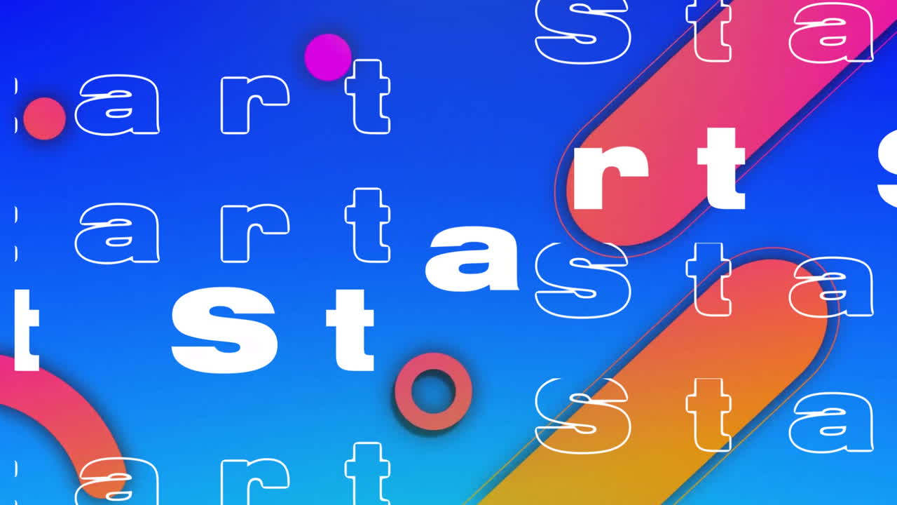 comenzar la animación de texto sobre formas geométricas coloridas en fondo azul