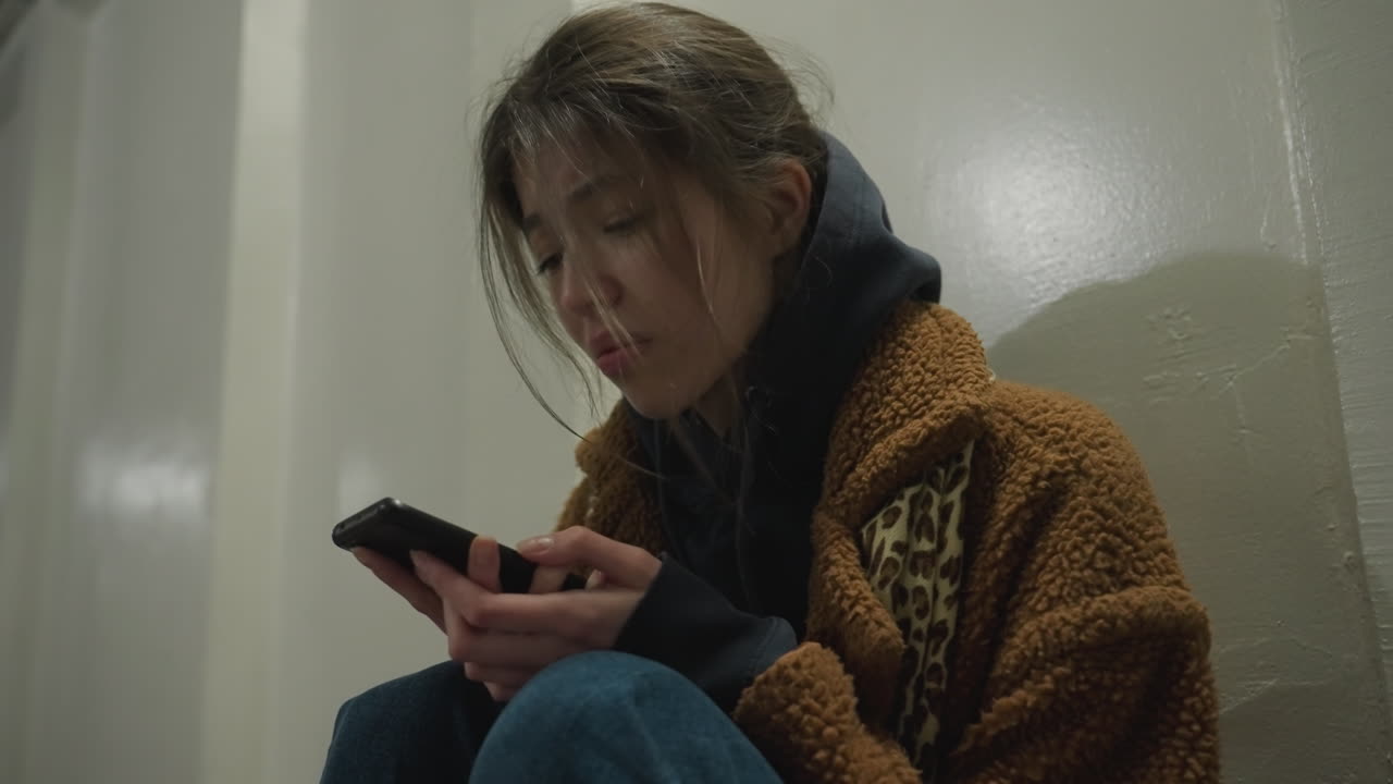 A close-up shot of a girl in a brown coat, sitting bent over in an underpass tunnel, holding her phone with a grieving expression, shaking her head in distress