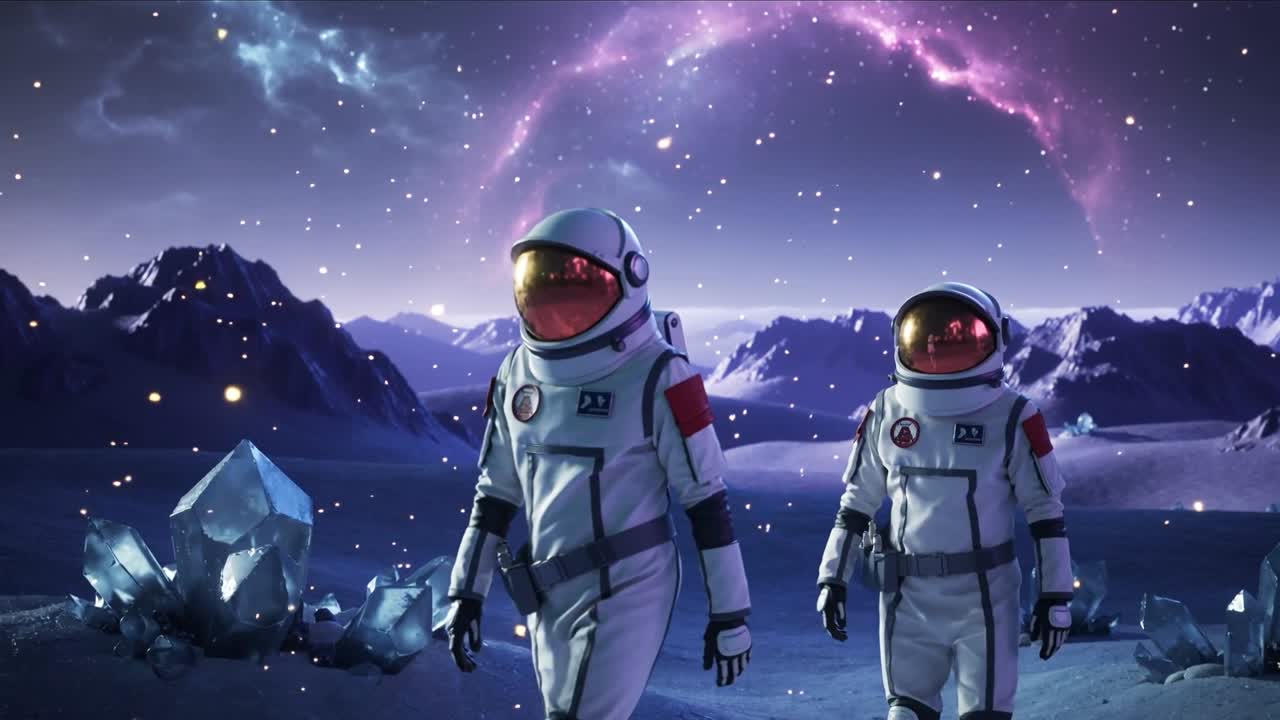 Gående astronauter i hvide dragter på mission, der krydser en fremmed isfyldt slette og passerer blå krystaller.