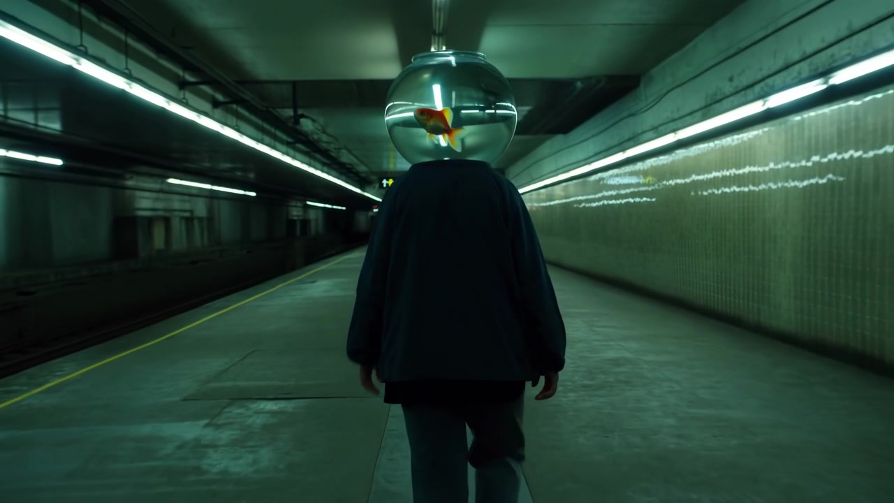 Persona en un pasillo futurista de pie y mirando hacia adelante, en un pasillo futurista tenuemente iluminado con luces de neón, con detalles en verde y azul, y un ambiente futurista misterioso