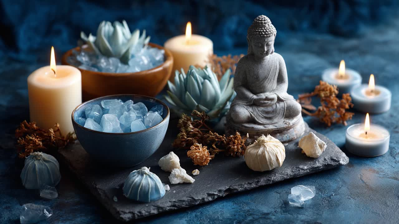 Una serena scena di meditazione, con una statua di Buddha circondata da candele dalla luce soffusa, cristalli rilassanti e splendidi elementi decorativi naturali, per la mindfulness e il relax.