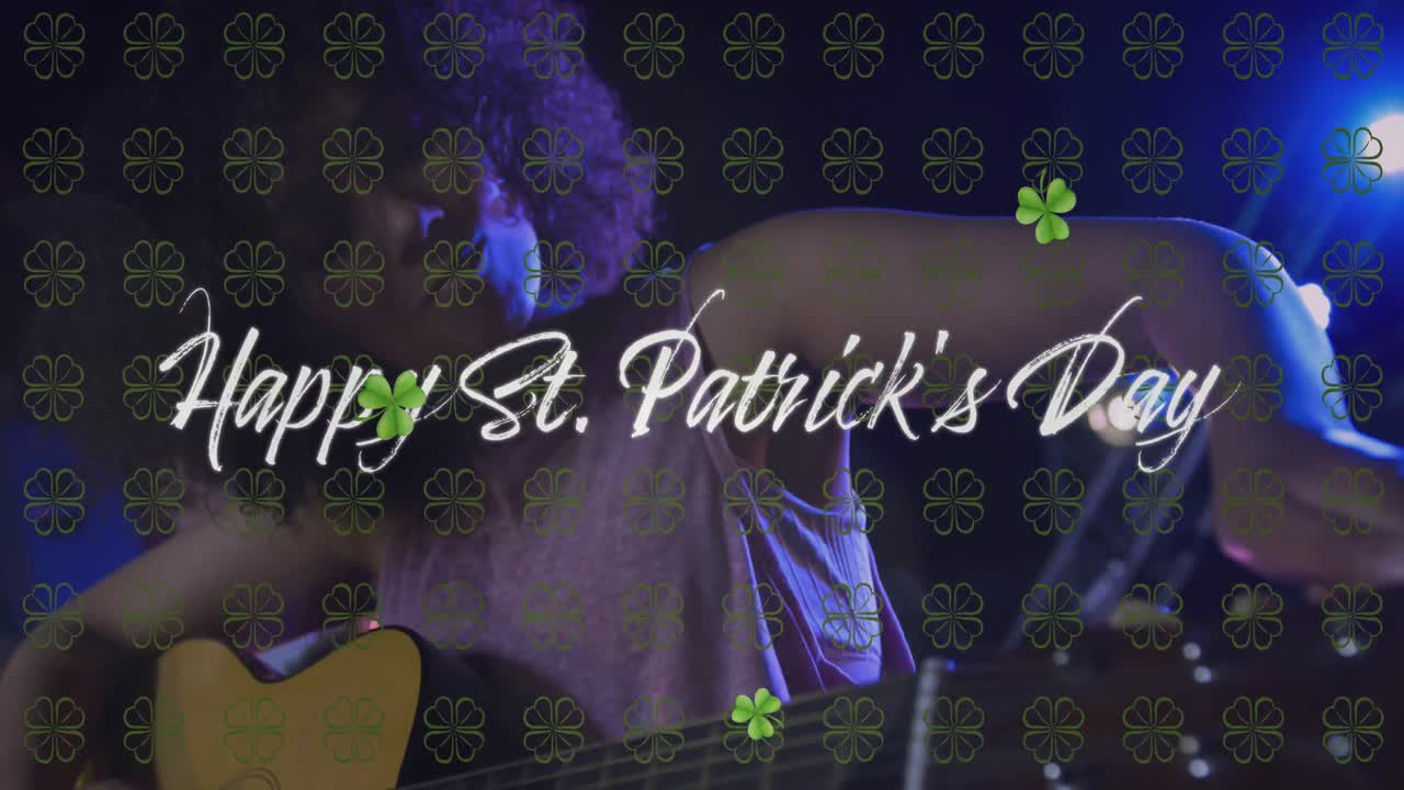 Animation of st patrick's day text and green shamrock over woman playing guitar on stage