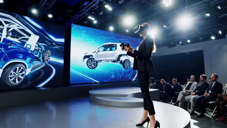 woman uses vr headset to present virtual car design at an automotive event