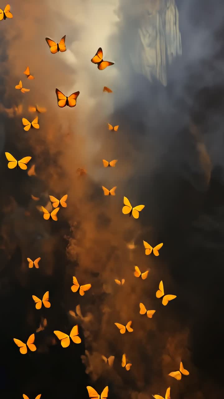 Un video verticale onirico cattura farfalle che svolazzano attraverso una luce fumosa ed eterea.