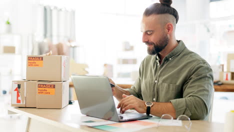 Laptop,-phone-call-and-logistics-with-a-courier