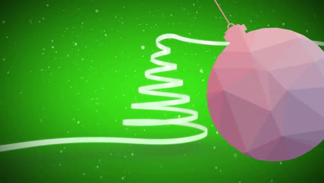 animación de adornos colgantes, línea que forma árbol de navidad y nevada sobre fondo verde