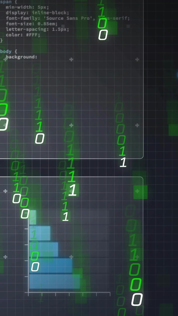 Vertical video: Green glow starting binary streams cascading down screen hiding chart showing flow