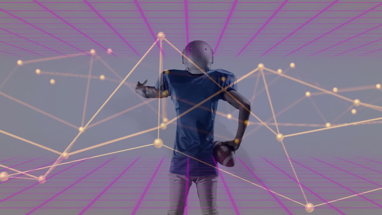 Football player holding ball, presenting sports tech demo, displaying glowing nodes and purple grid