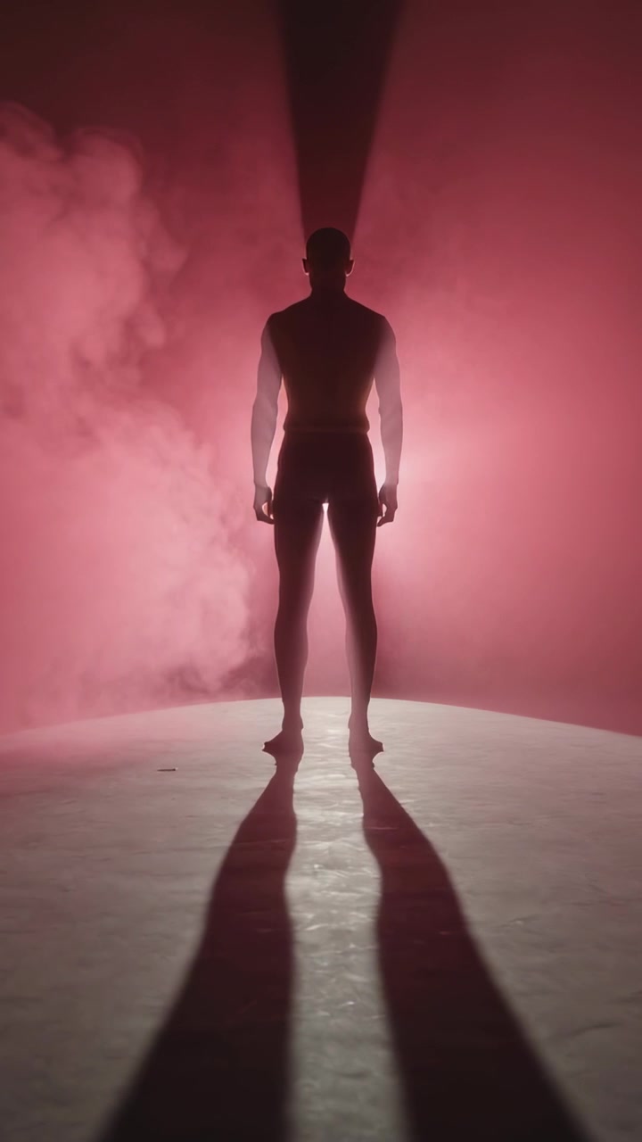 Vídeo vertical: Homem sem camisa posando movendo-se no palco, névoa se deslocando para a esquerda, contraluz projetando sombra