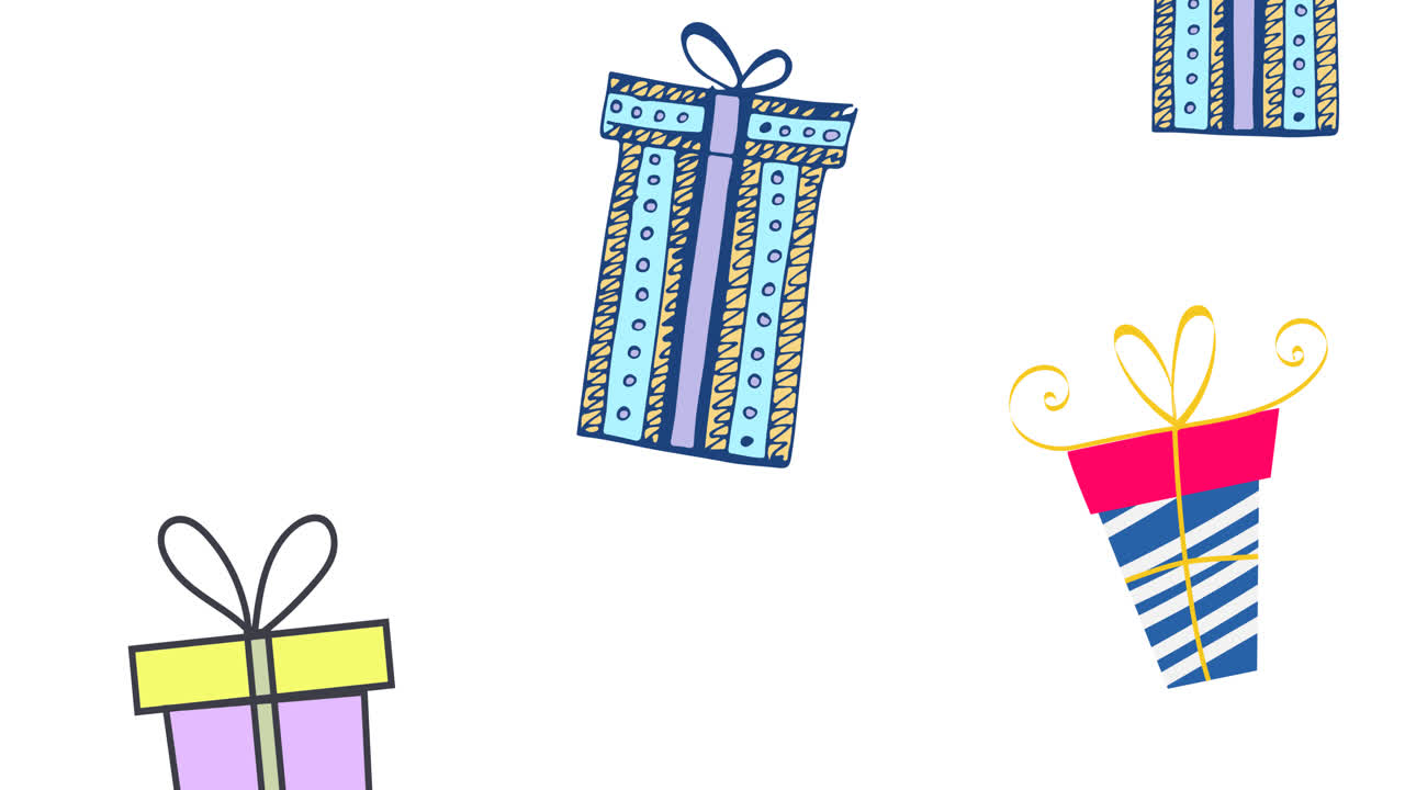 Animation of christmas presents falling on white background