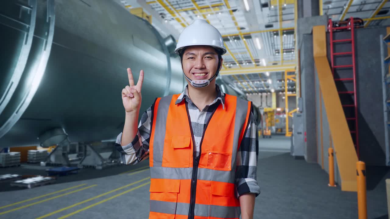 웃는 엔지니어가 공장에서 성공을 보여주고 있습니다.