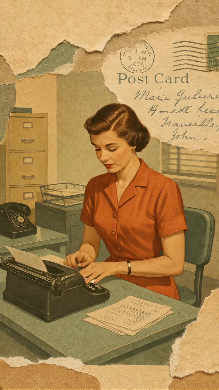 Vintage video concept with a retro style, showing a woman typing at a desk