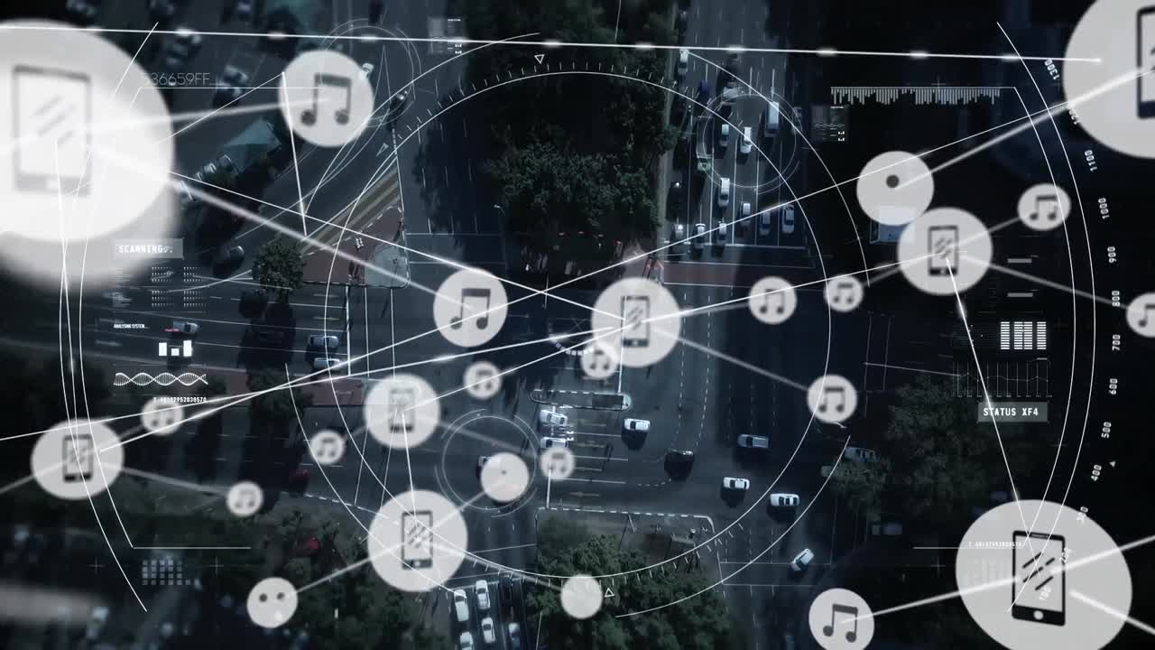 도시 풍경 위의 아이콘으로 연결된 네트워크의 애니메이션