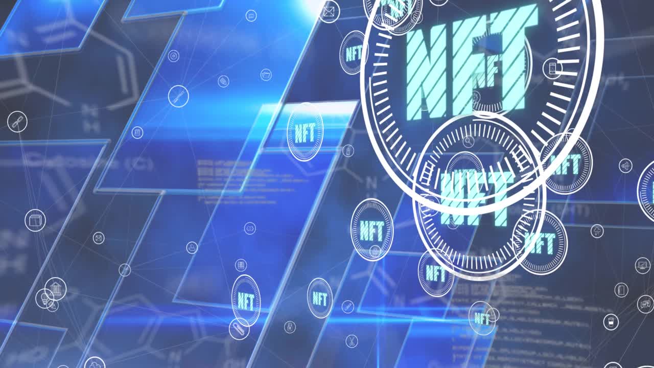 animación de escaneo de alcance con texto nft y procesamiento de datos sobre cuadrados en fondo negro