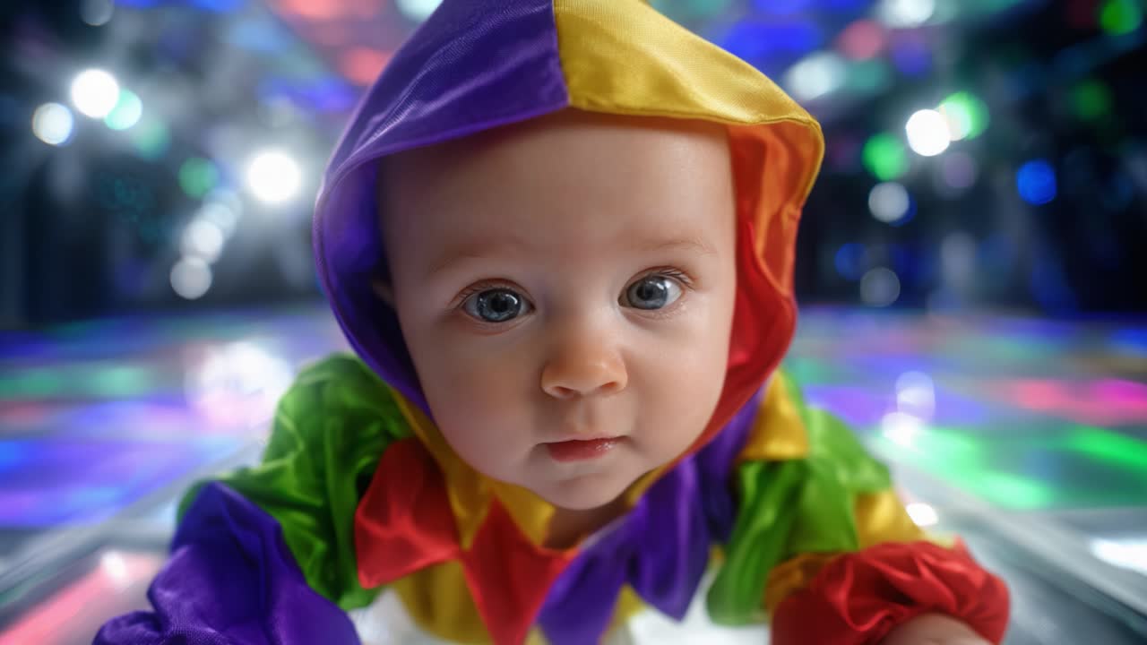 En legesyg baby i et farverigt kostume kravler på gulvet, belyst af blændende lys, og viser ren glæde og nysgerrighed i et livligt miljø