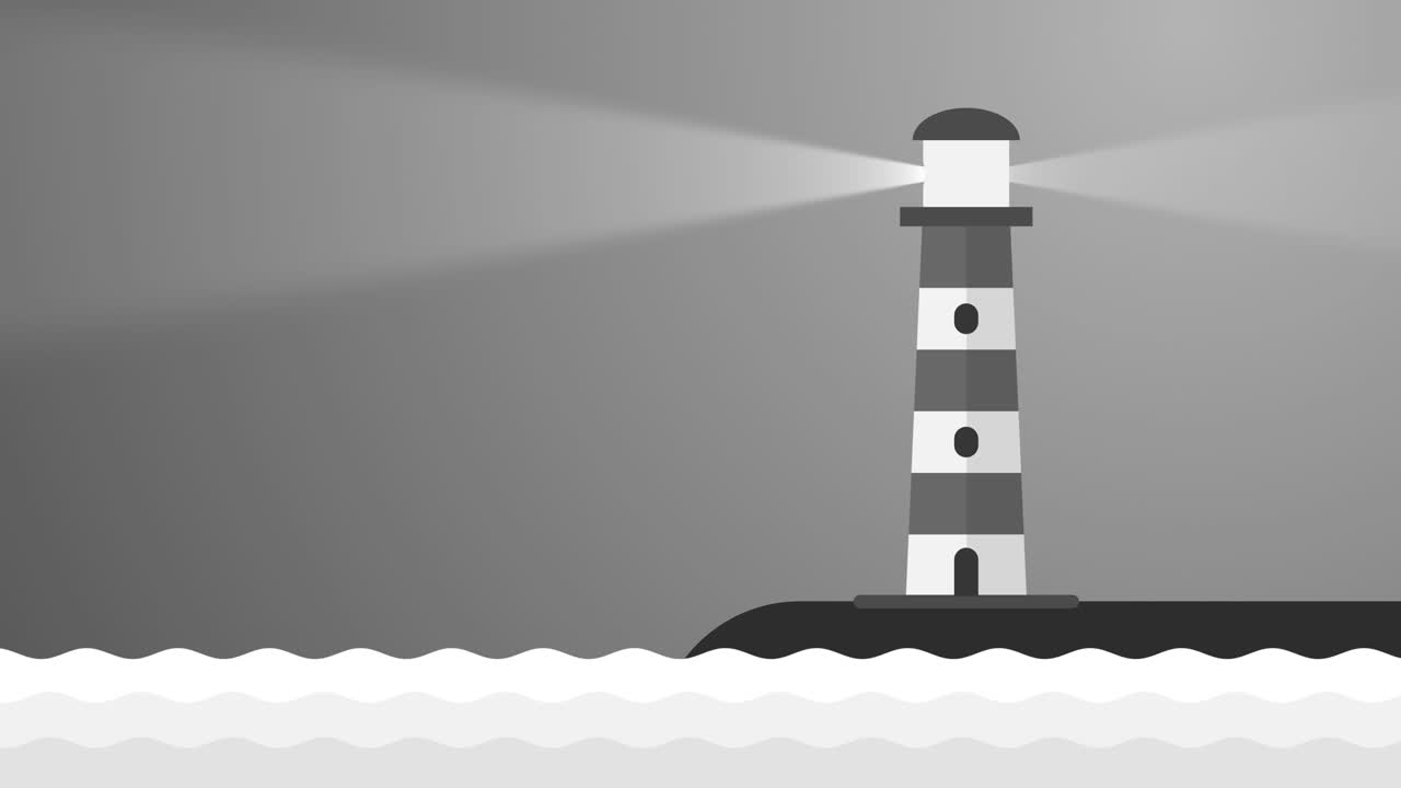 작은 섬에 있는 레트로 해안 등대가 바다를 비추고 선박을 안내합니다. 탑에 있는 강력한 램프가 멀리까지 빛납니다. 무한한 루프 모션 배경.
