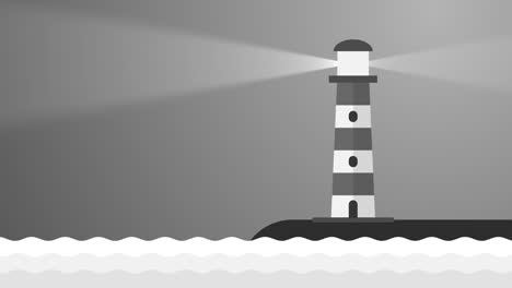 a retro coastal lighthouse on a small island illuminates the sea and navigates ships. a powerful lamp on the tower shines into the distance. infinite loop motion background.