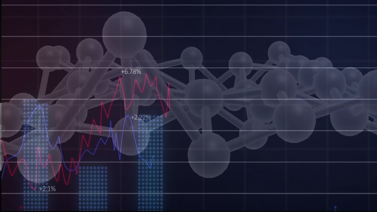분자 구조 및 금융 그래프 애니메이션 어두운 그리드 배경