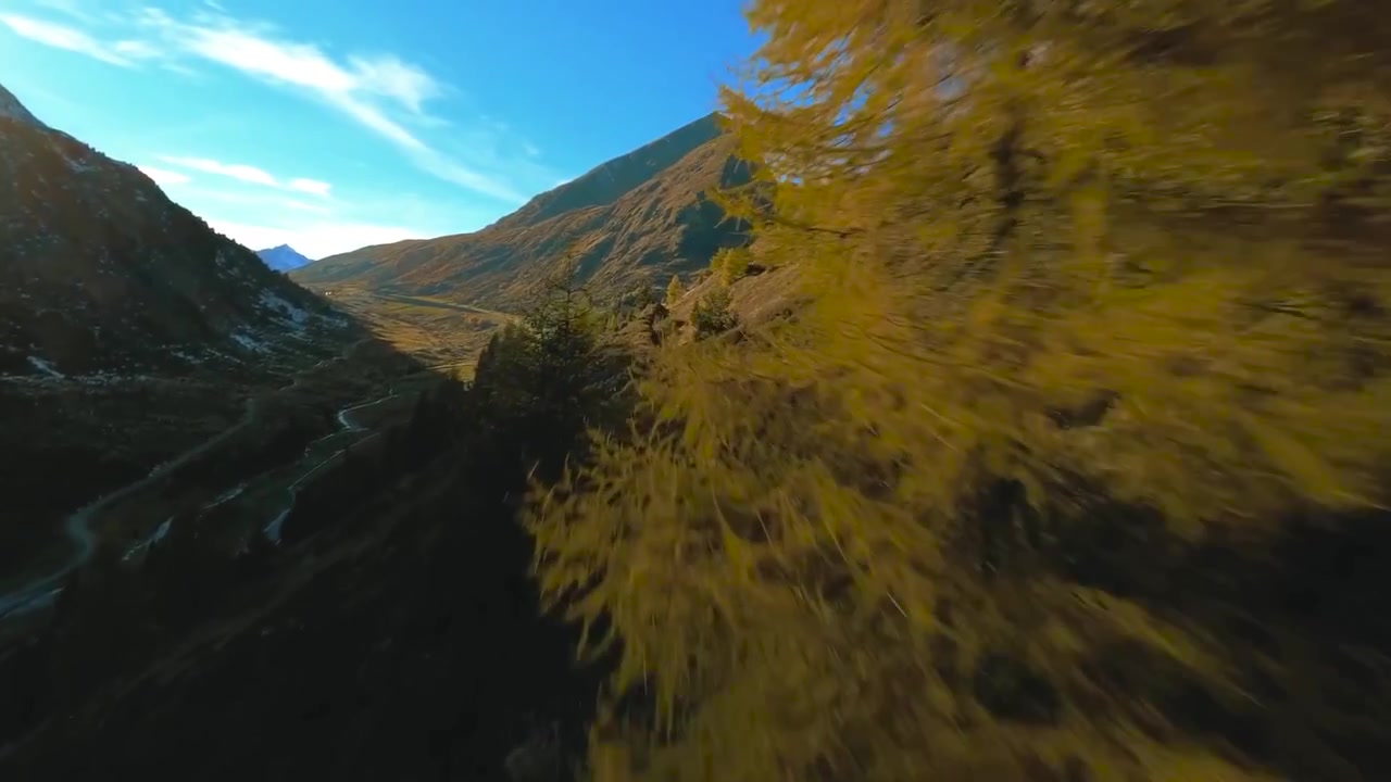 Drone aereo FPV che vola sopra un pendio di montagna e tra pini e cespugli a bassa quota, mentre il sole splende e alte e grandi montagne sono sullo sfondo. Cielo blu con nuvole bianche visibili.