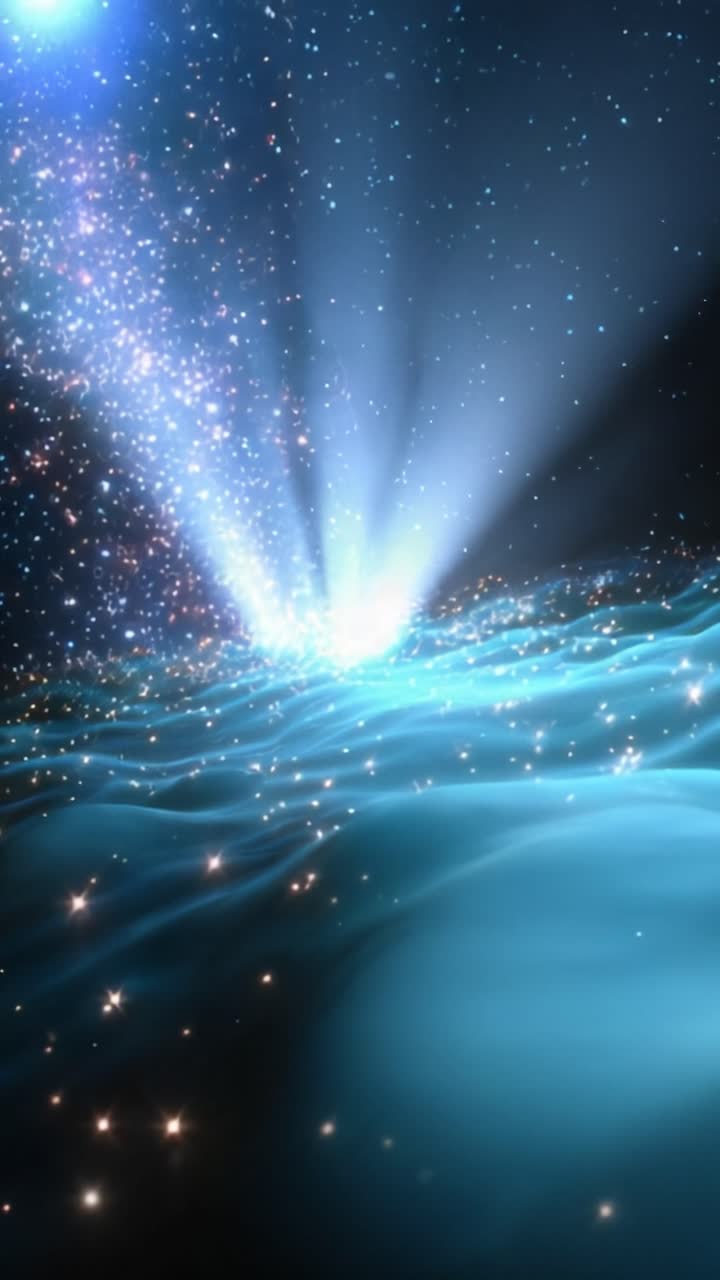 A breathtaking cosmic scene showing radiant light beams emerging from a celestial body, illuminating a vast expanse of shimmering space and stars