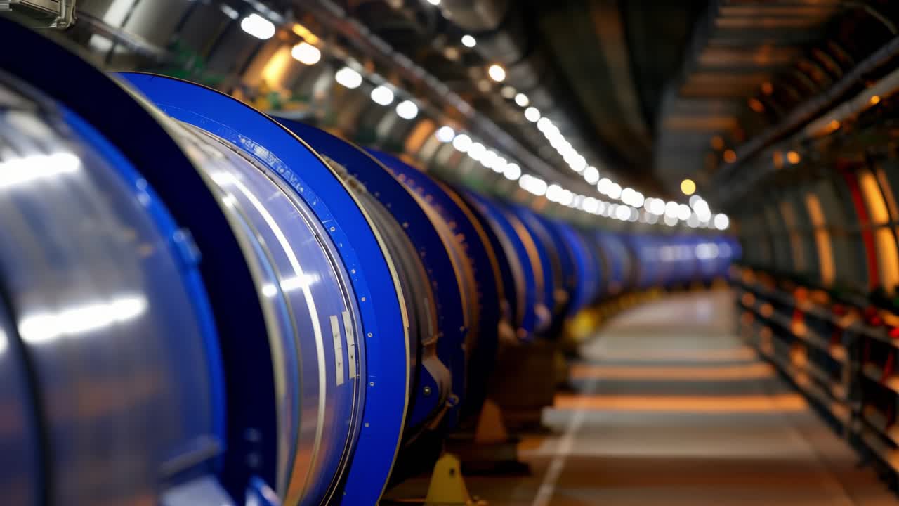 Perspective view of Large Hadron Collider tunnel showing focusing magnets and other equipment, creating a sense of depth and scientific advancement