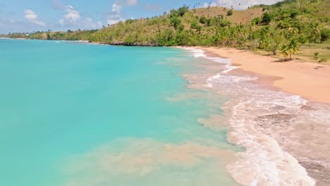 Aerial-flyover-exotic-playa-colorada-with-sandy-beach-and-palm-trees---Samaná,-Dominican-Republic