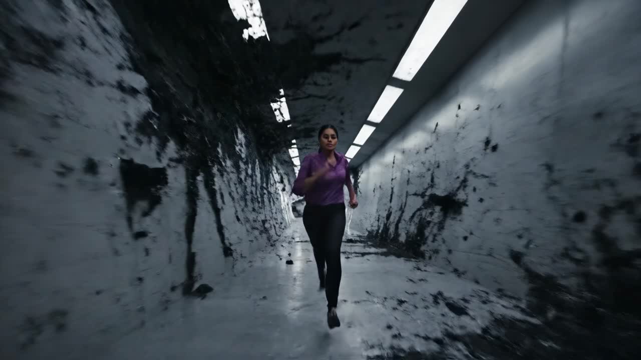 A woman running through a dark tunnel